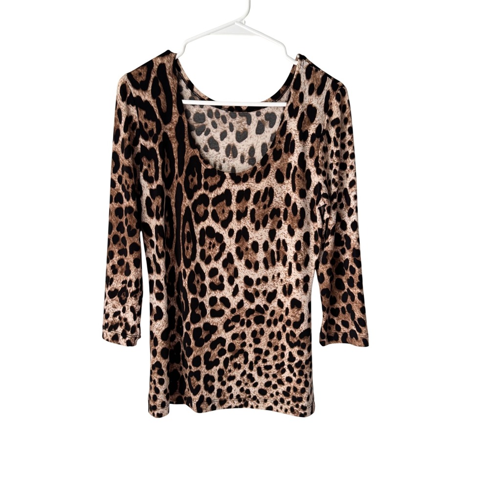 Boston Proper Leopard Print Scoop Neck 3/4 Sleeve Top Brown Black Size S